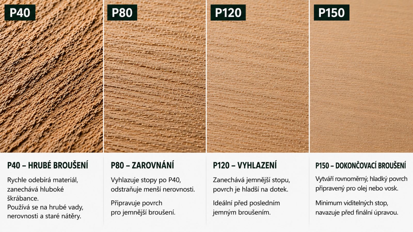 Srovnání brusných stop P40 P80 P120 a P150 na dubovém dřevě.